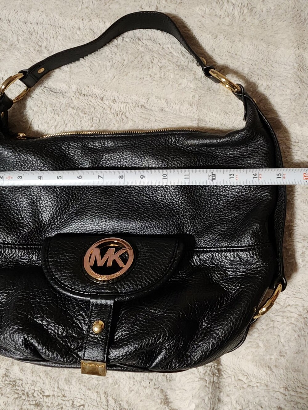 Michael Kors Fulton Large Shoulder Bag Black Pebbled Leather Gold MK Logo Hobo - Picture 3 of 16